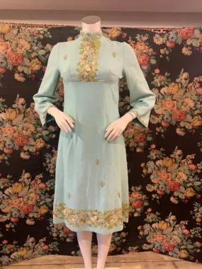 1960s Turquoise Wool Tunic Dress with Indian Crewel Work