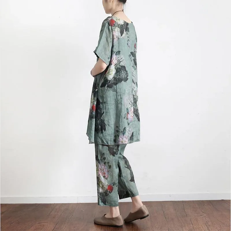 2023 Green Prints Vintage Linen Plus Size T-Shirt Tops And Pants Two Pieces