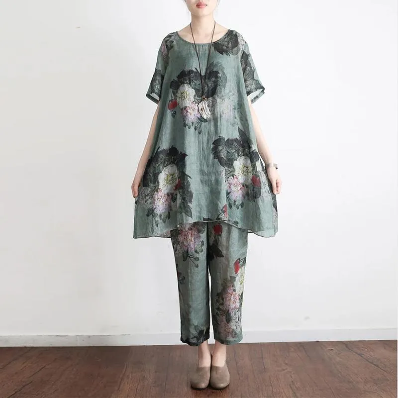 2023 Green Prints Vintage Linen Plus Size T-Shirt Tops And Pants Two Pieces
