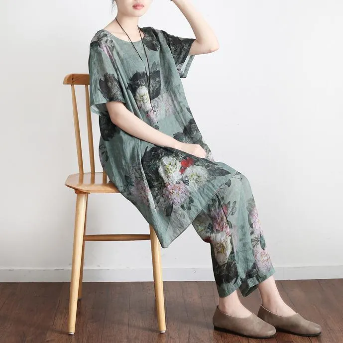 2023 Green Prints Vintage Linen Plus Size T-Shirt Tops And Pants Two Pieces