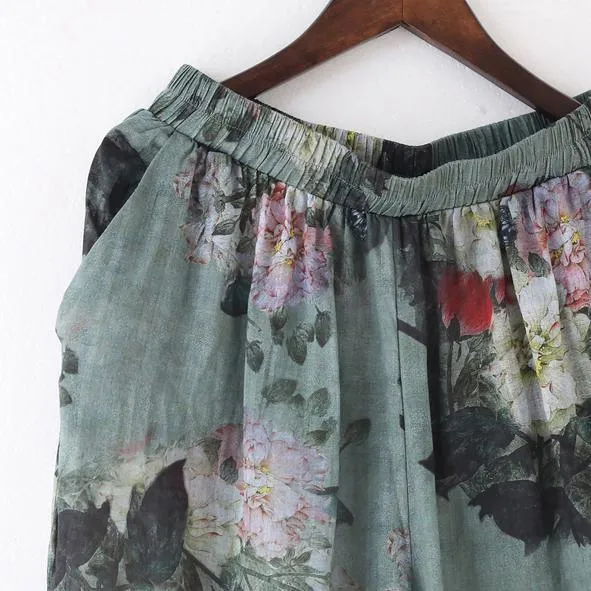 2023 Green Prints Vintage Linen Plus Size T-Shirt Tops And Pants Two Pieces