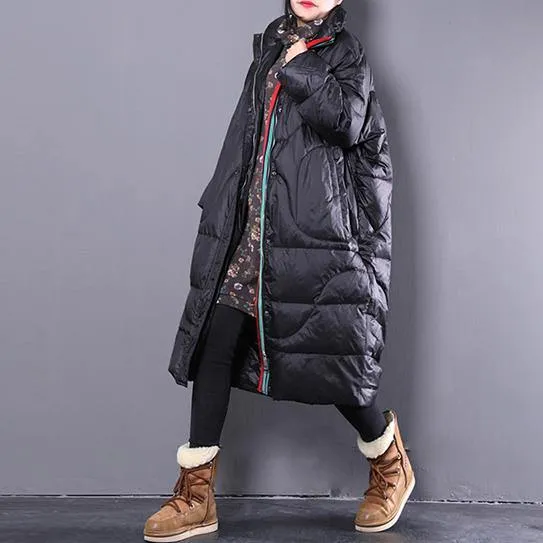 2025 black down coat casual stand collar down coat Elegant pockets zippered overcoat