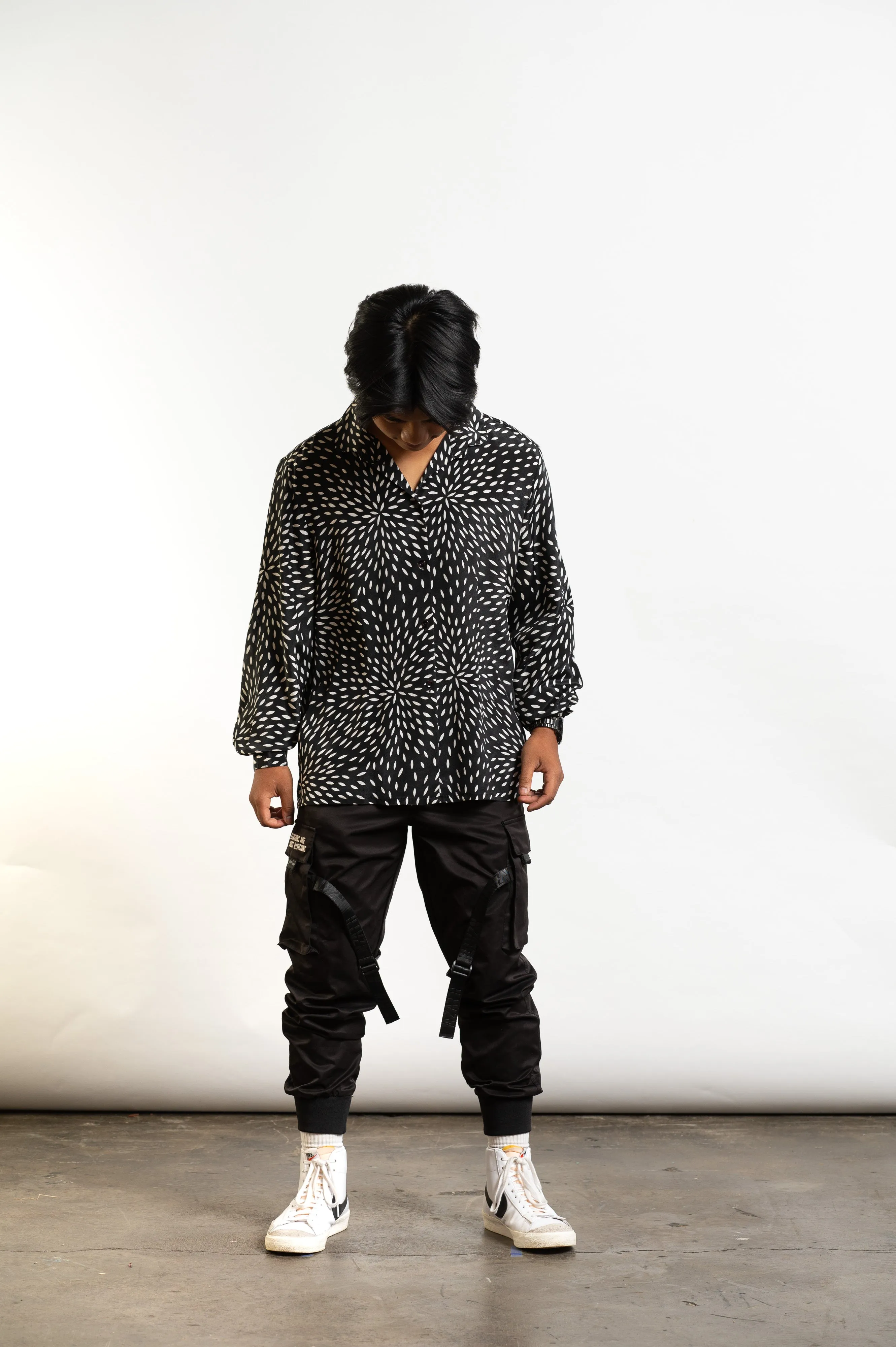 90s Black Sheer Petal Pattern Long Sleeve Shirt