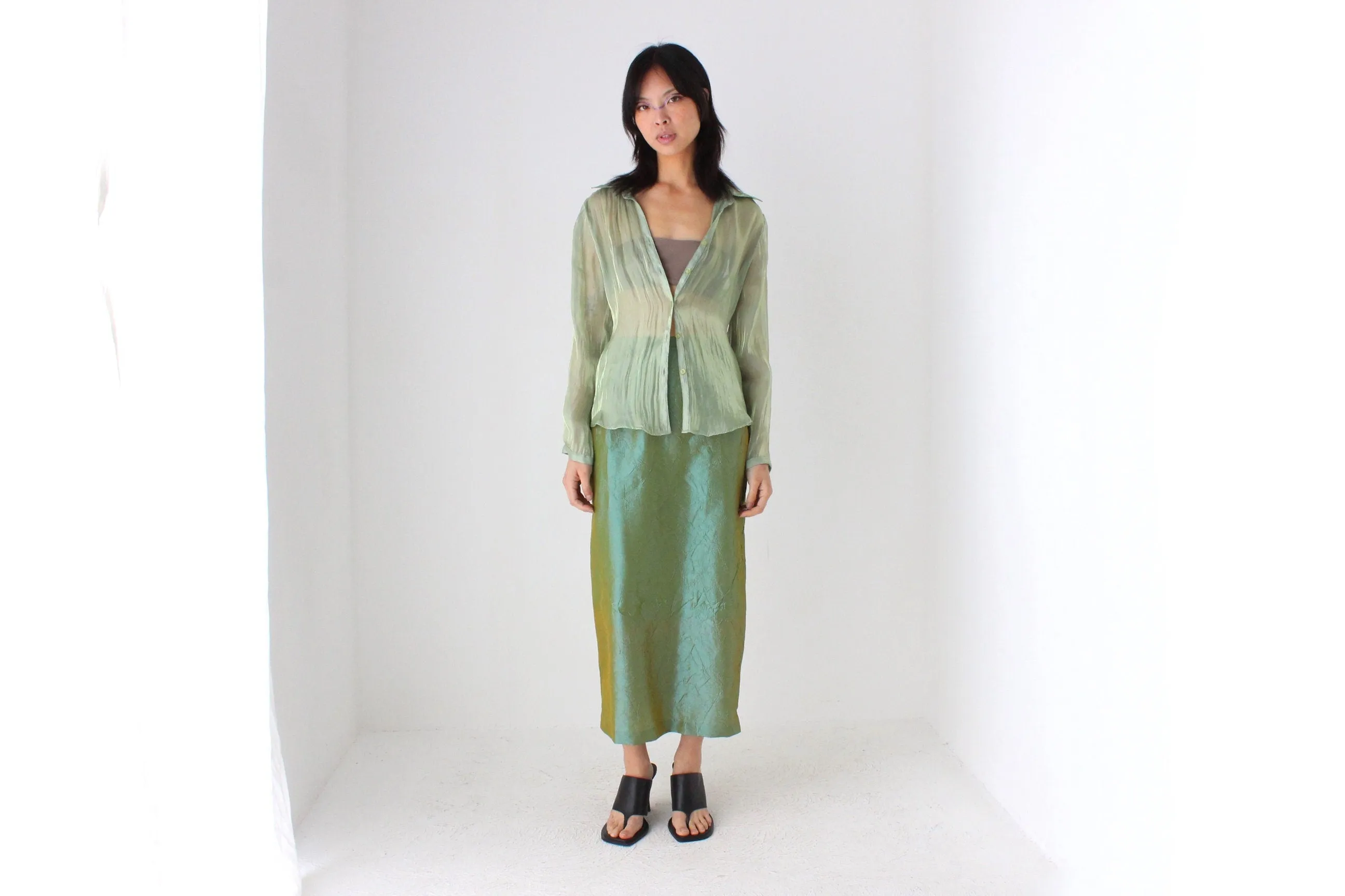 90s Metallic Green Crinkle Taffeta High Waist Column Midi Skirt