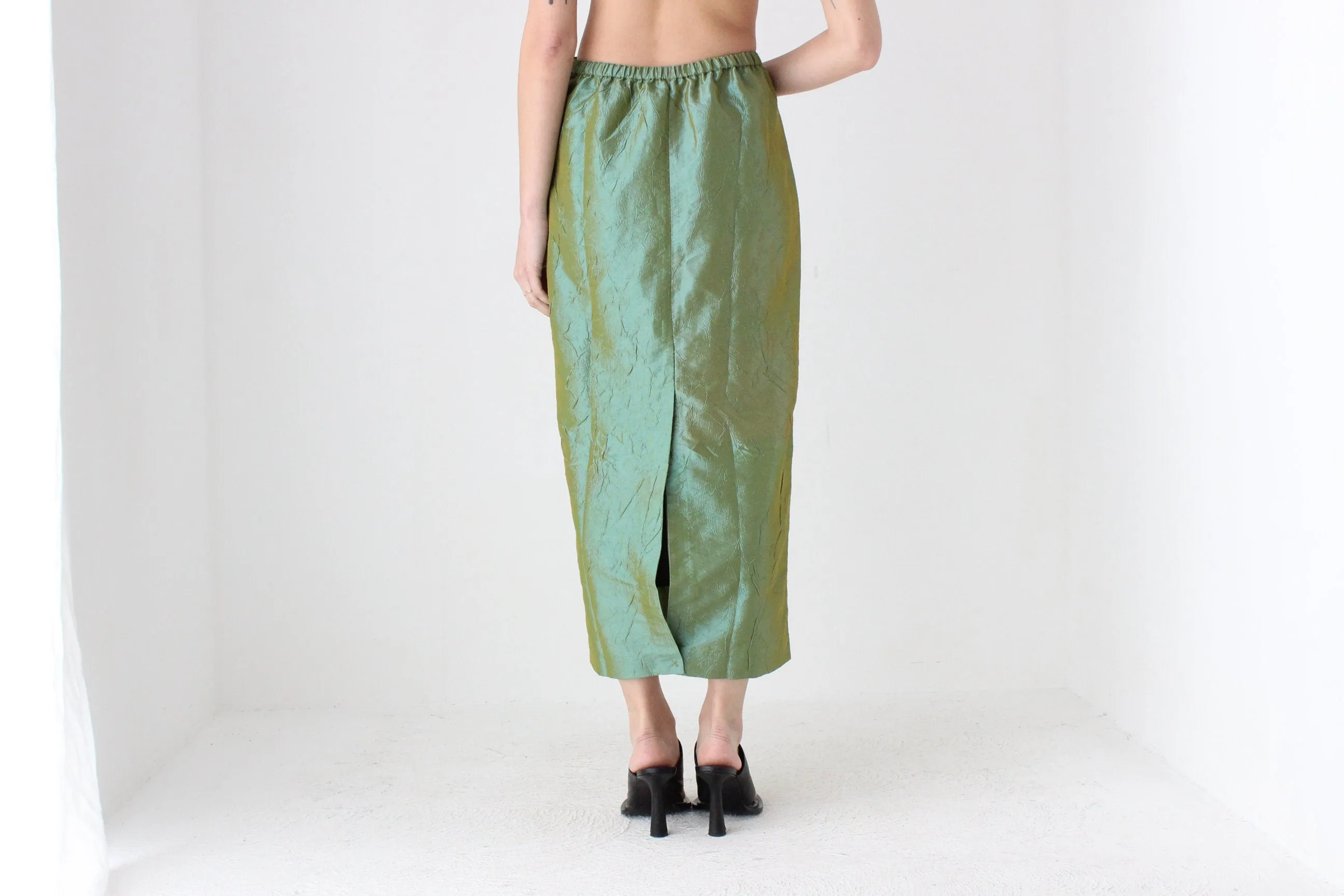 90s Metallic Green Crinkle Taffeta High Waist Column Midi Skirt