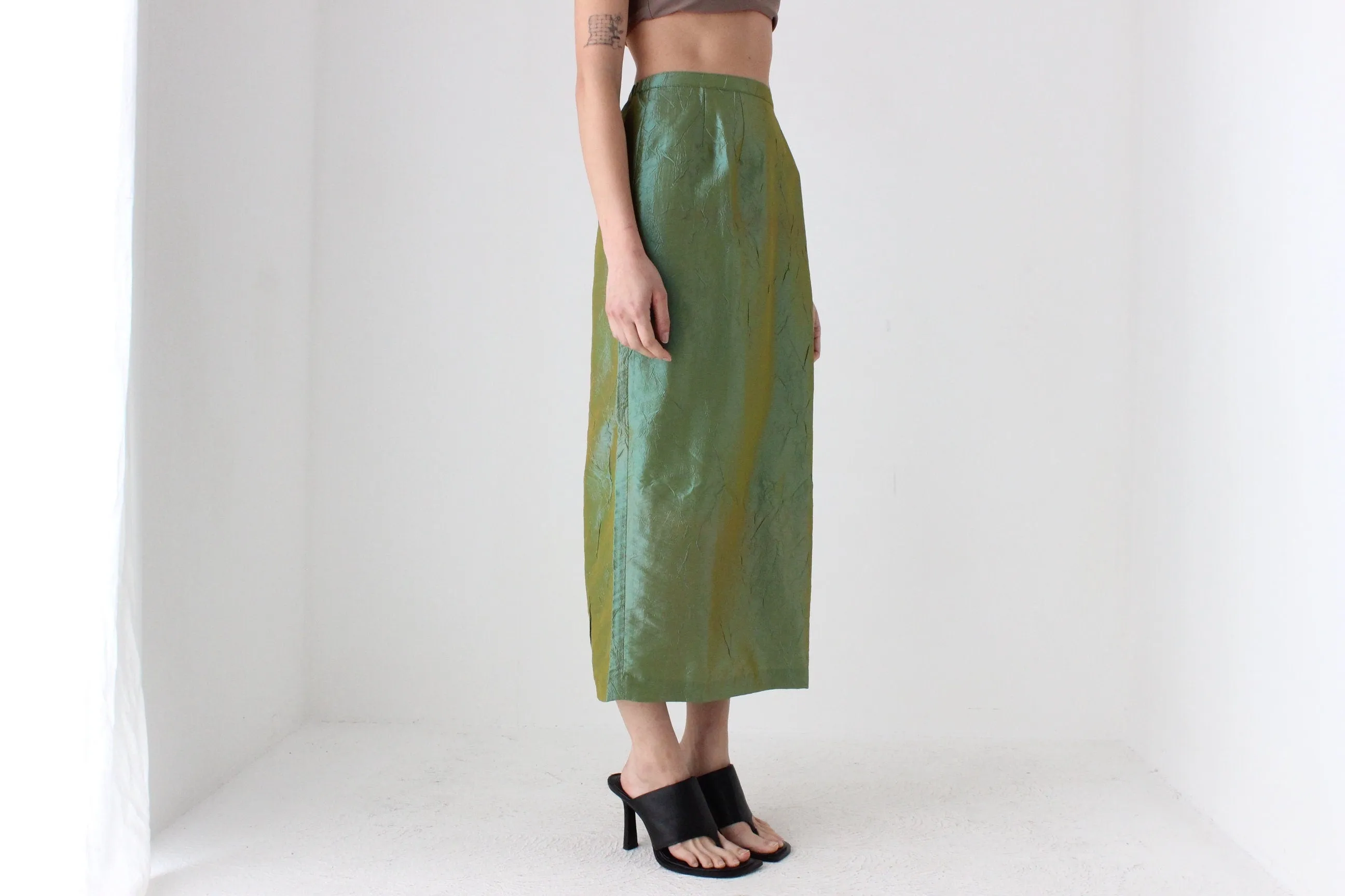 90s Metallic Green Crinkle Taffeta High Waist Column Midi Skirt