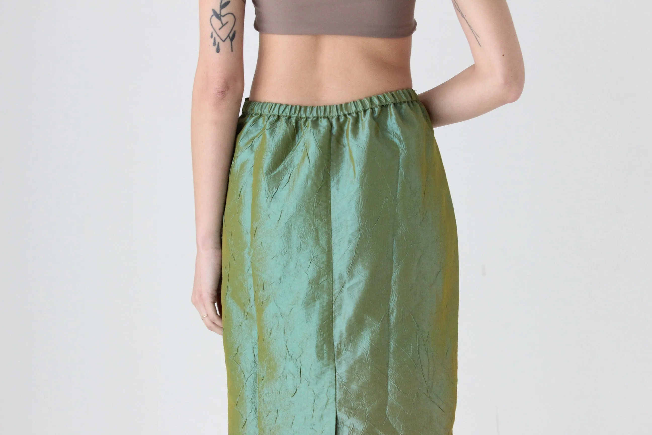 90s Metallic Green Crinkle Taffeta High Waist Column Midi Skirt