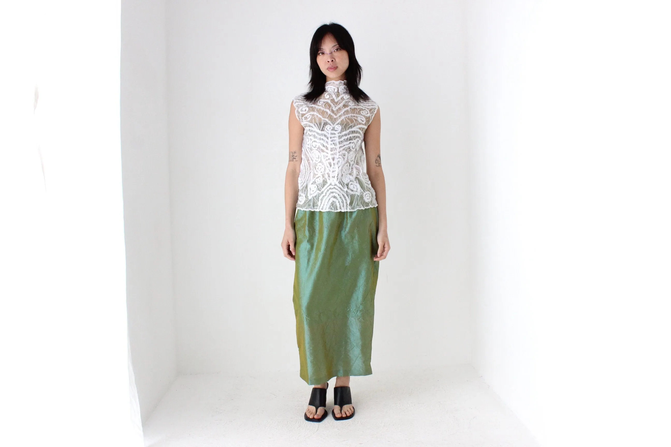 90s Metallic Green Crinkle Taffeta High Waist Column Midi Skirt