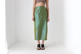 90s Metallic Green Crinkle Taffeta High Waist Column Midi Skirt
