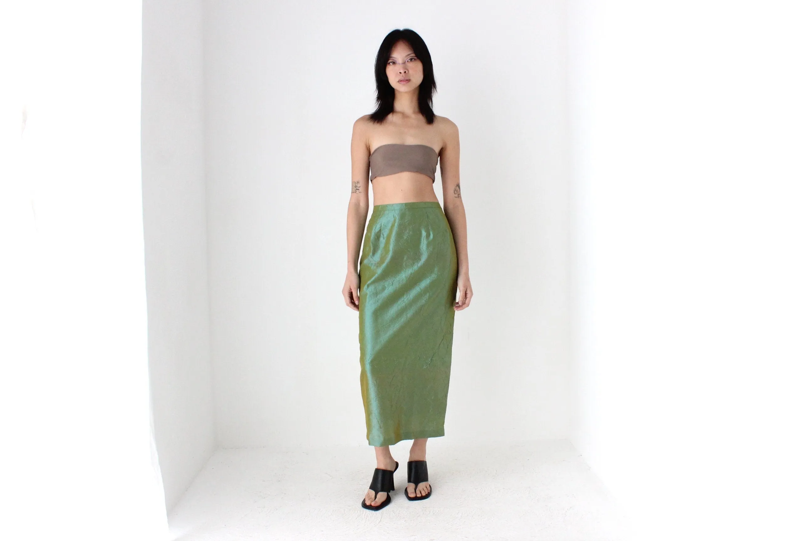 90s Metallic Green Crinkle Taffeta High Waist Column Midi Skirt