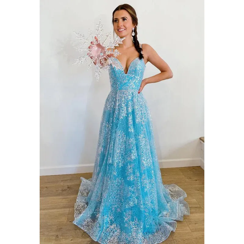 A-Line V-Neck Tulle Appliques Backless Prom Evening Formal Dress