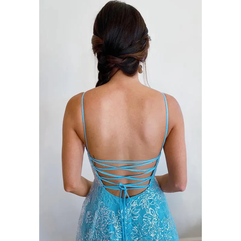 A-Line V-Neck Tulle Appliques Backless Prom Evening Formal Dress