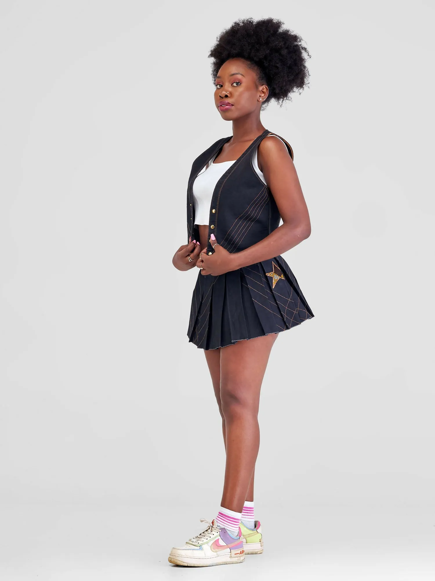 Afristar By Joyleen Mini Pleated Skirt & Waistcoat Combo - Black