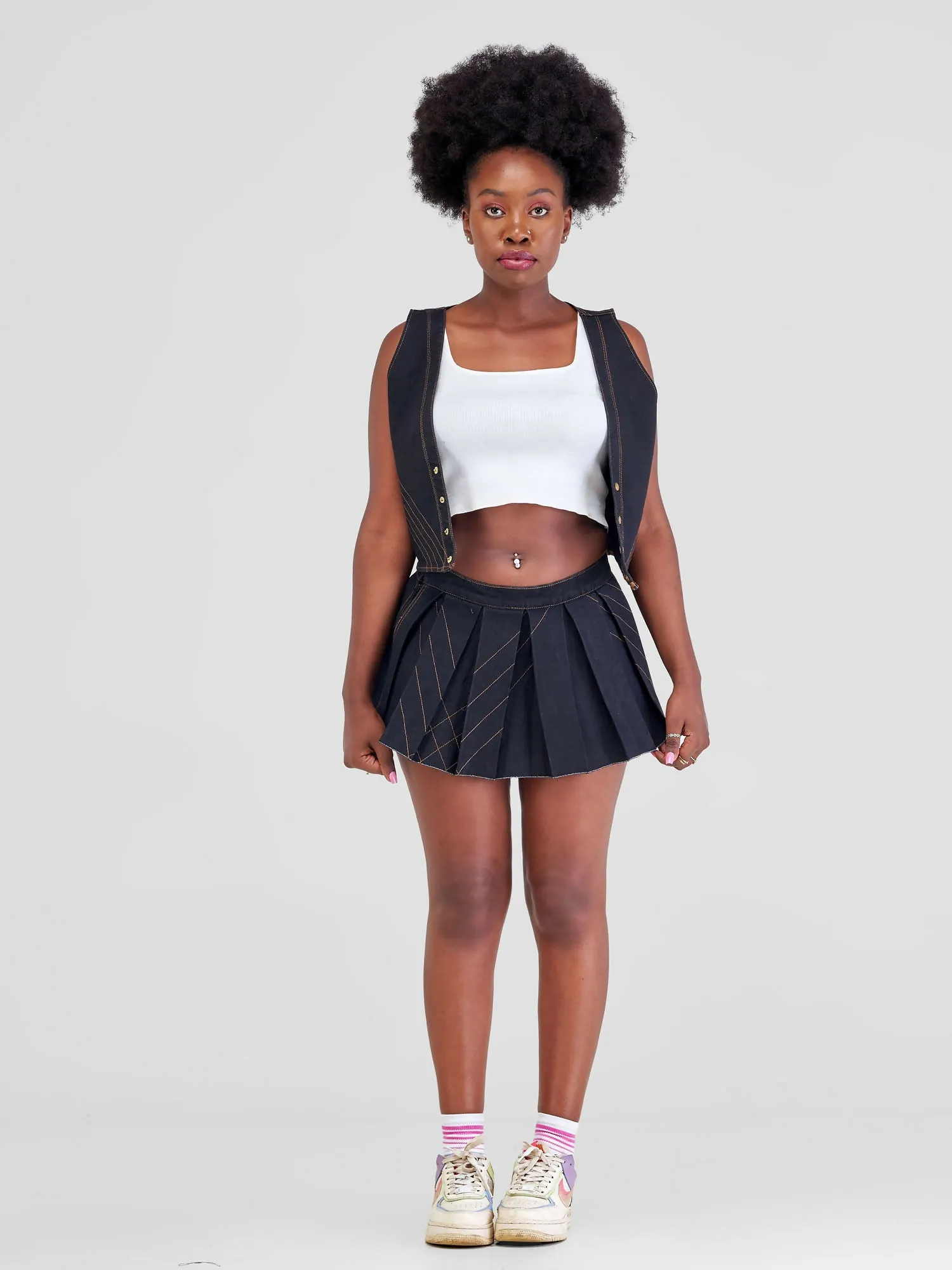 Afristar By Joyleen Mini Pleated Skirt & Waistcoat Combo - Black