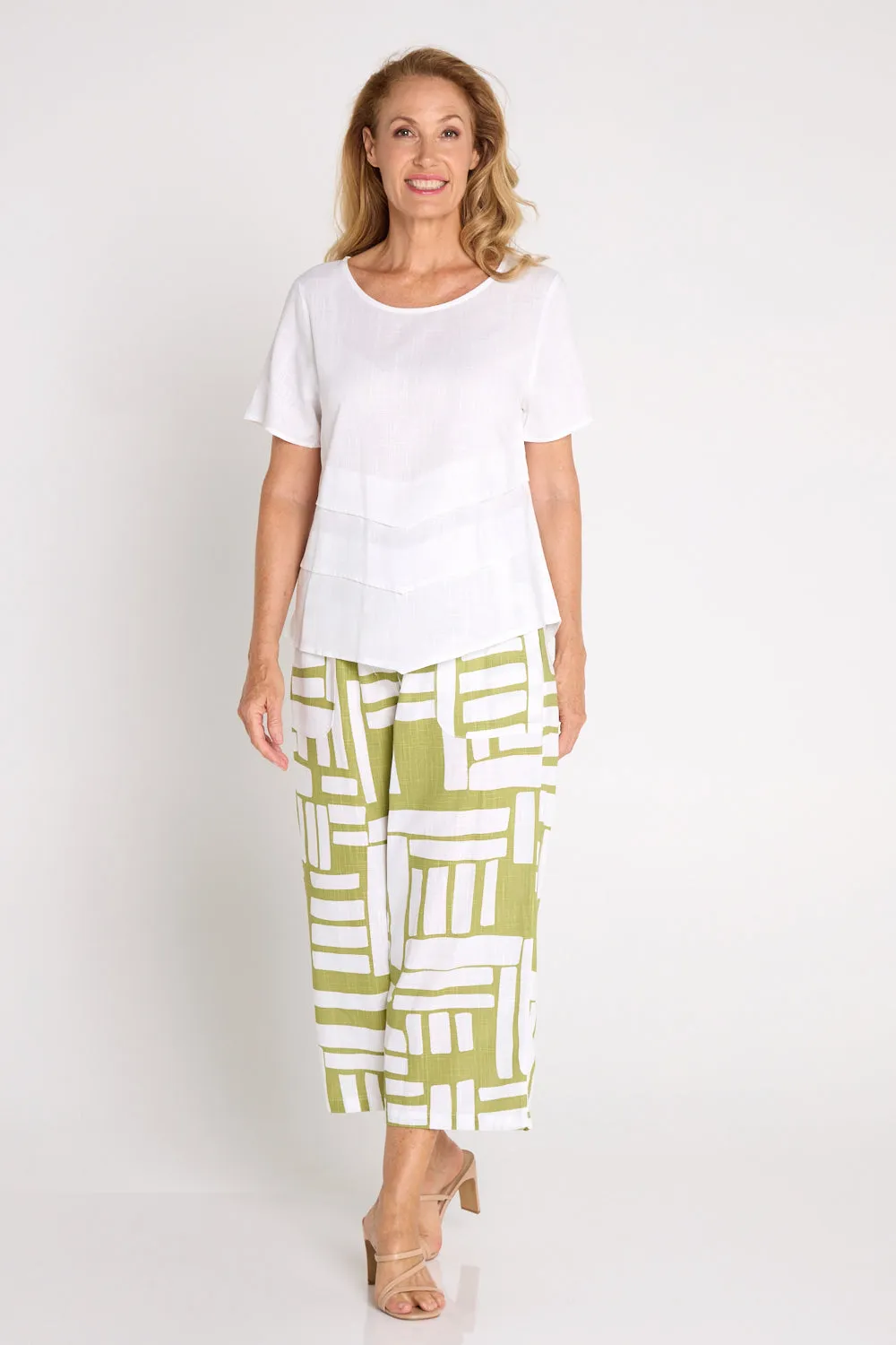 Aiko Linen Pants - White/Olive Midcentury
