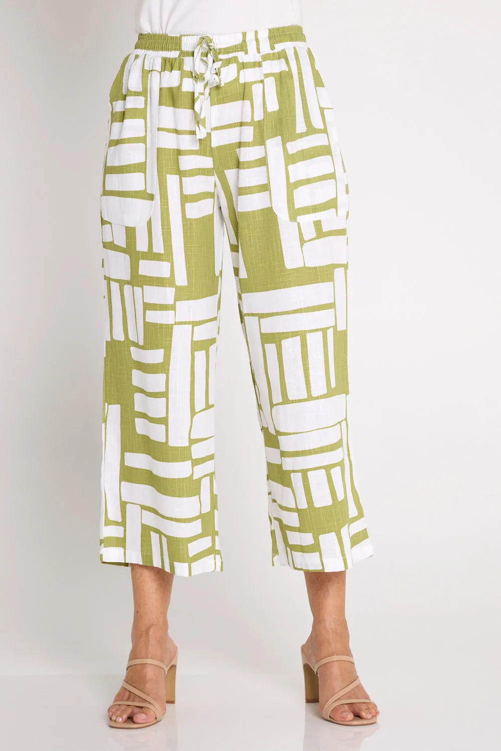 Aiko Linen Pants - White/Olive Midcentury