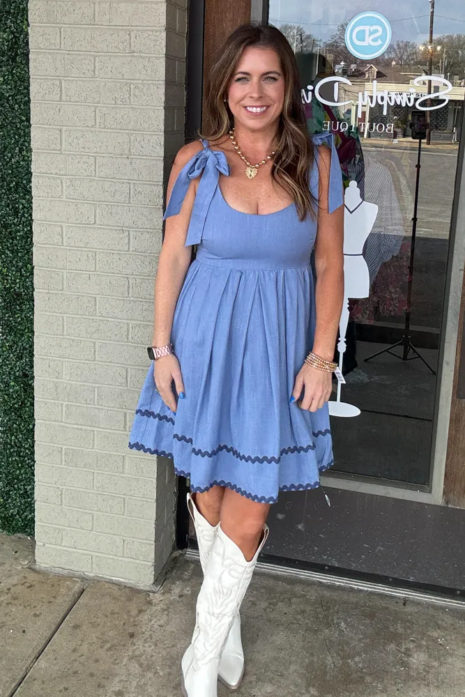 Along The Shore Bow Tie Shoulder Dress-Blue