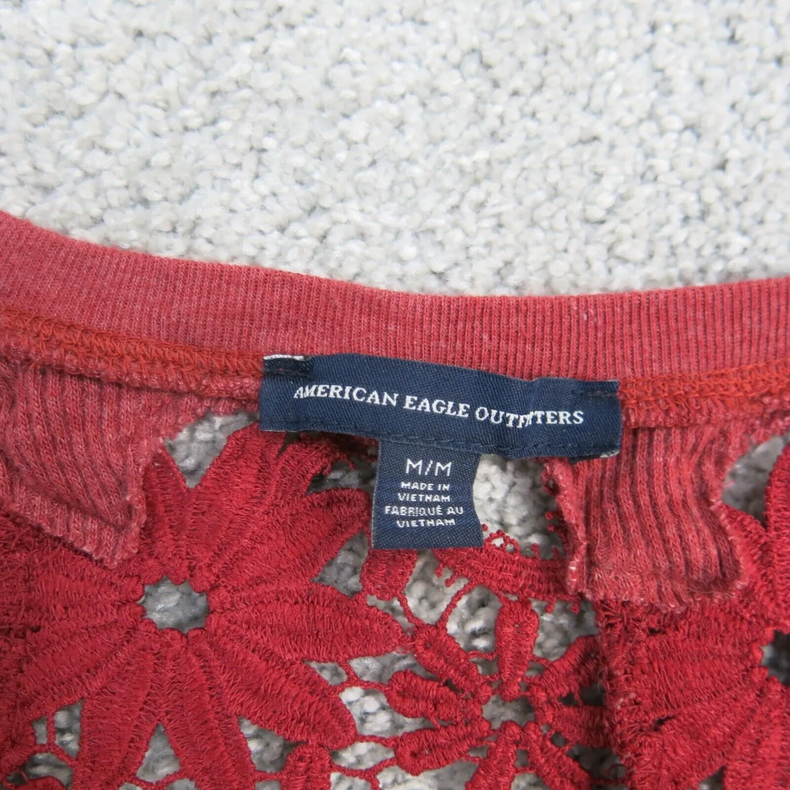 American Eagle Womens Medium Red Thermal Shirt with Lace Crochet Long Sleeve