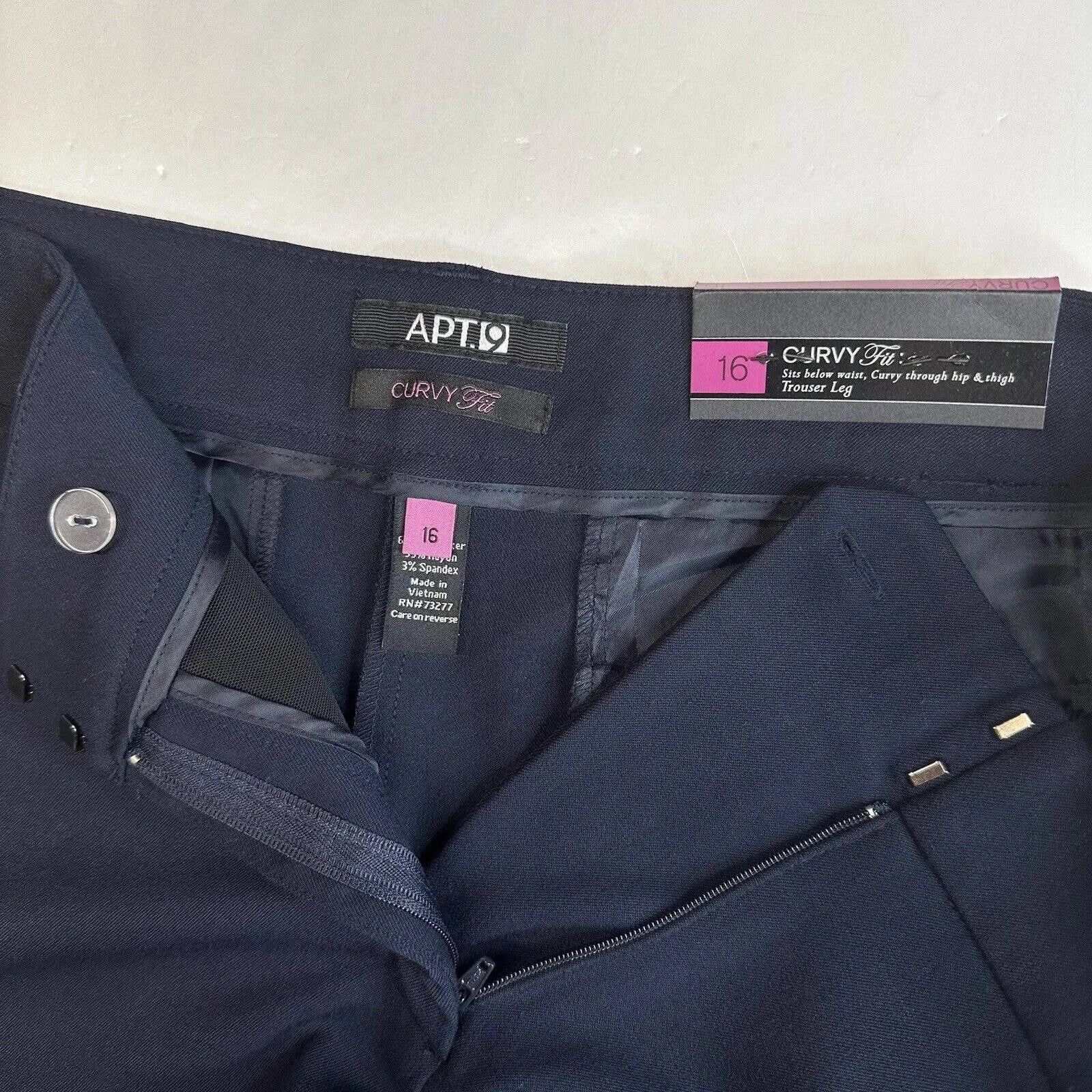 APT 9 Curvy Wide Trouser Leg 16 Navy Blue Stretch Dress Pants Career Plus NEW