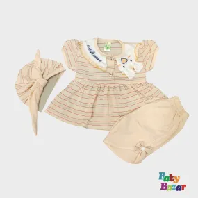 Baby Girl Summer Outfit – 3-Piece Set with Striped Top, Soft Pants & Matching Cap