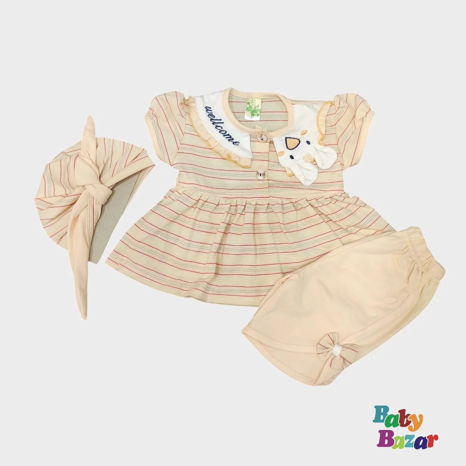 Baby Girl Summer Outfit – 3-Piece Set with Striped Top, Soft Pants & Matching Cap