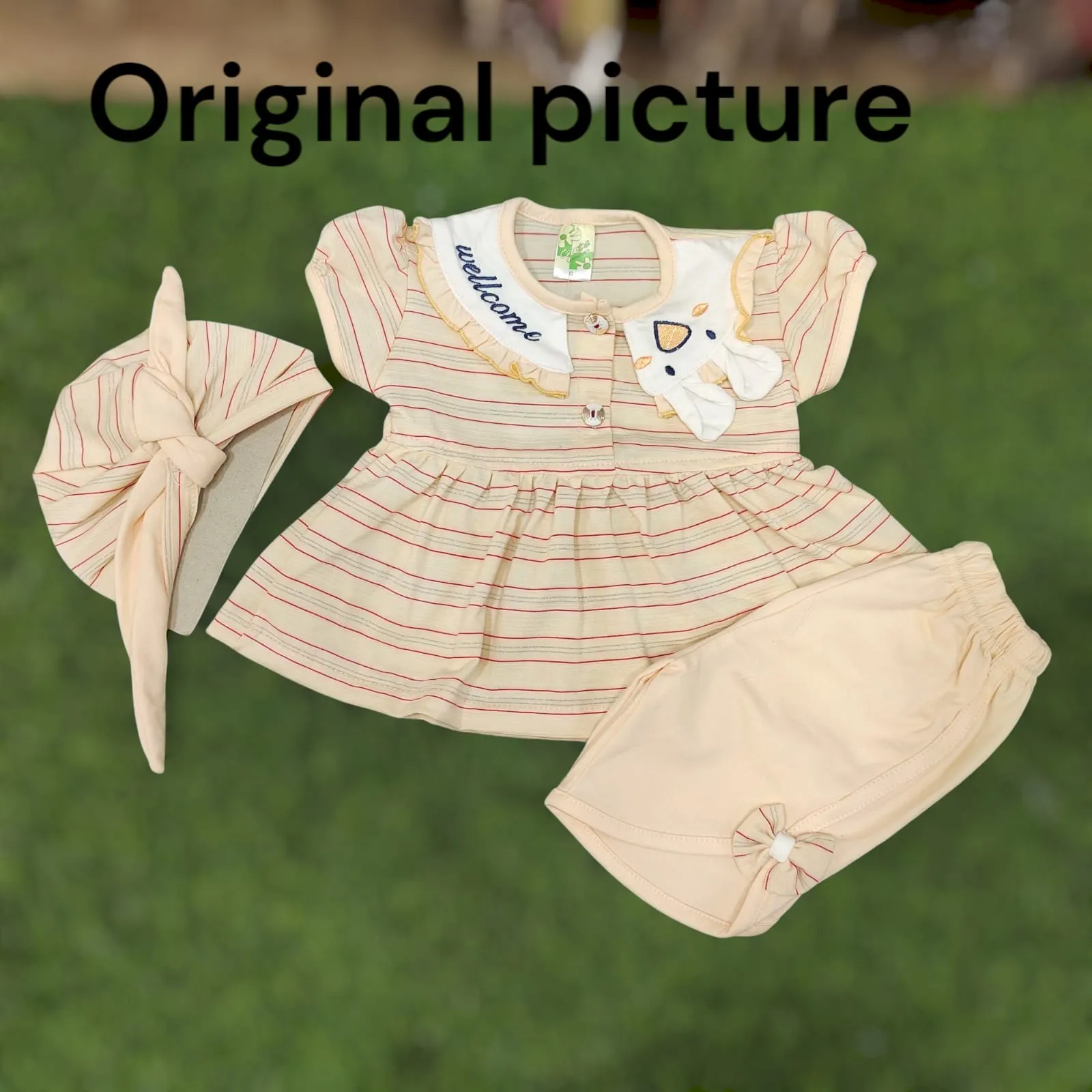 Baby Girl Summer Outfit – 3-Piece Set with Striped Top, Soft Pants & Matching Cap