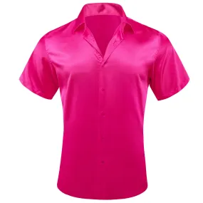 Barry Wang Summer Short Sleeve Button-Up Shirts Solid DeepPink Shirt