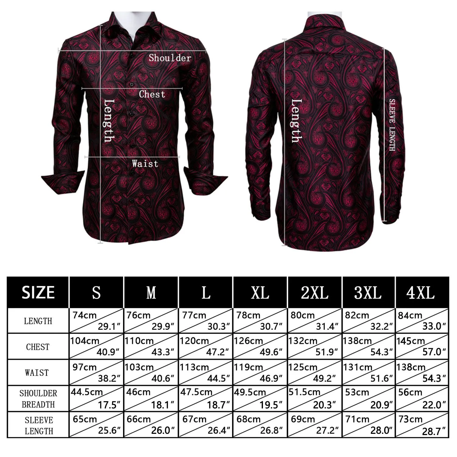 Barry.Wang Brick Red Paisley Shirt for Men Long Sleeve Silk Dress Shirt