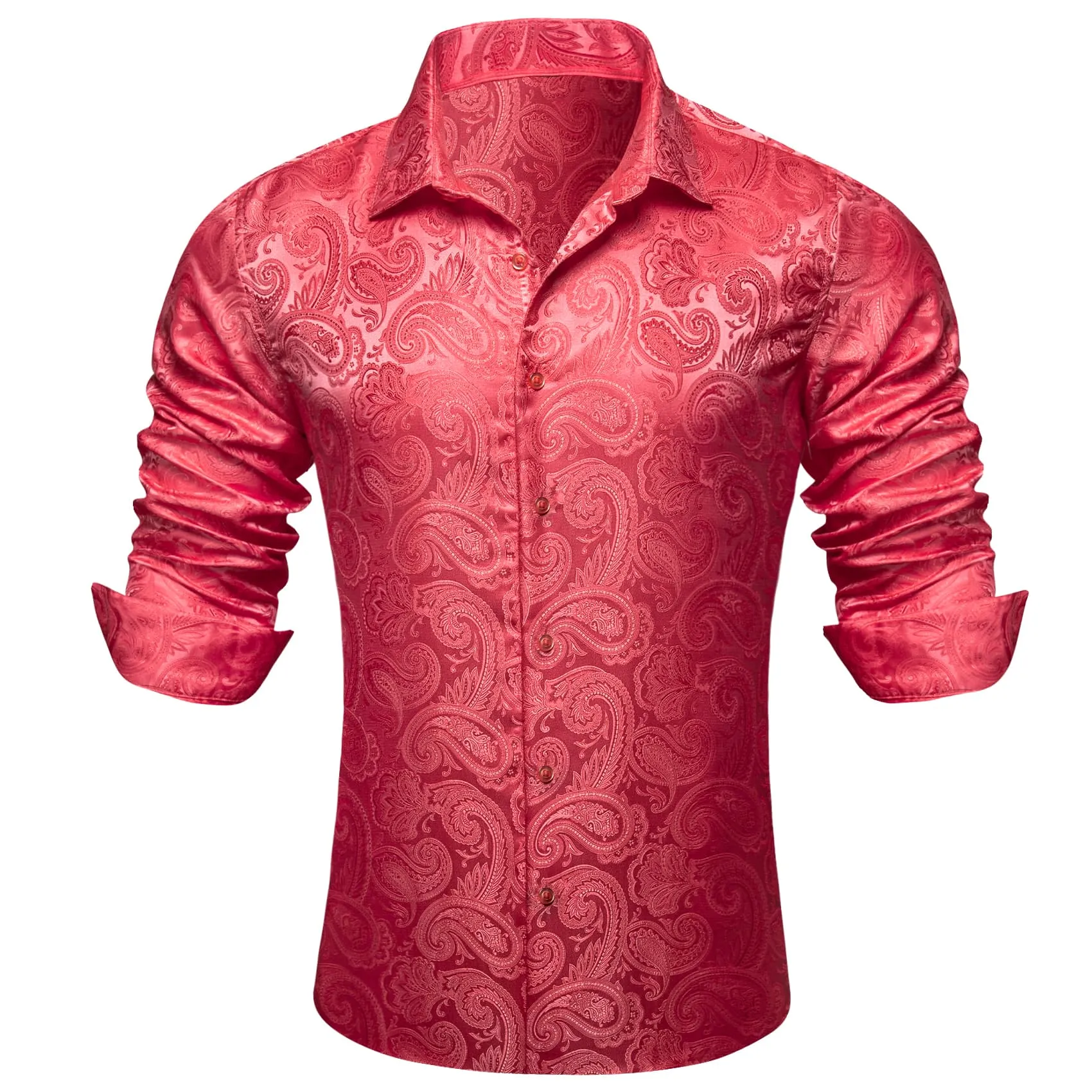 Barry.Wang Brick Red Paisley Shirt for Men Long Sleeve Silk Dress Shirt