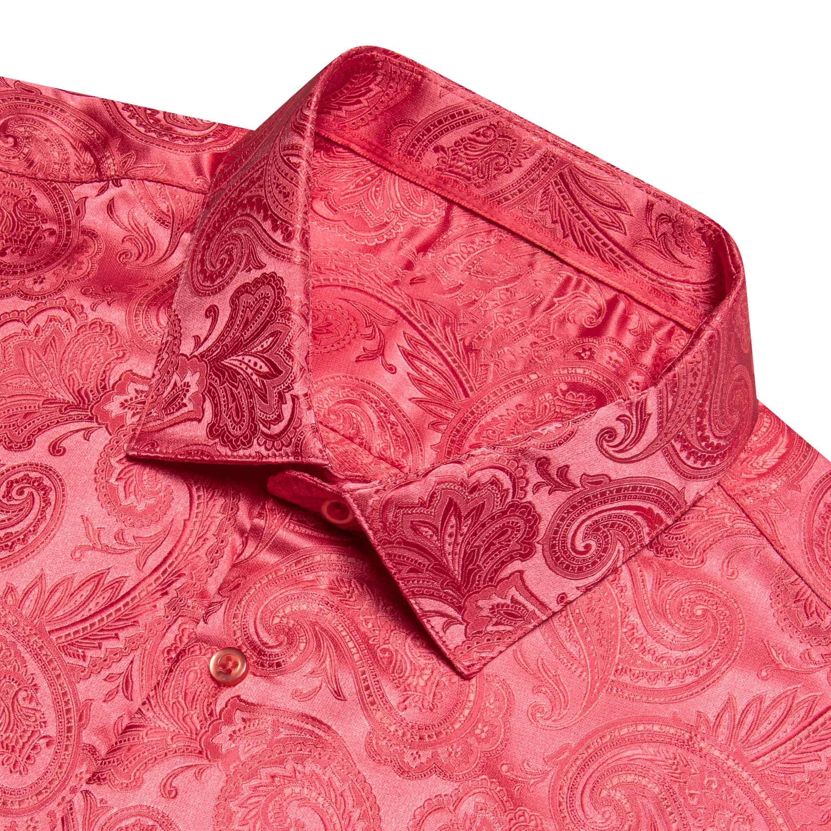 Barry.Wang Brick Red Paisley Shirt for Men Long Sleeve Silk Dress Shirt