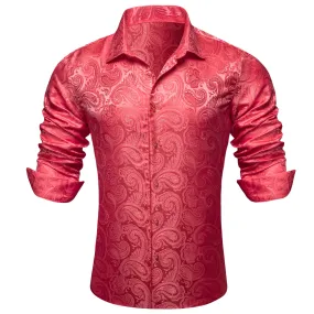 Barry.Wang Brick Red Paisley Shirt for Men Long Sleeve Silk Dress Shirt