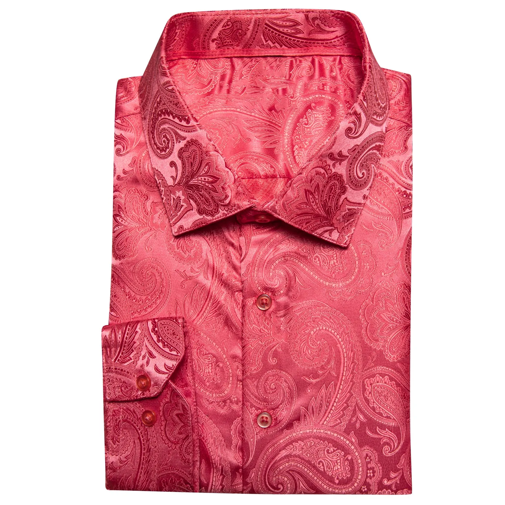 Barry.Wang Brick Red Paisley Shirt for Men Long Sleeve Silk Dress Shirt
