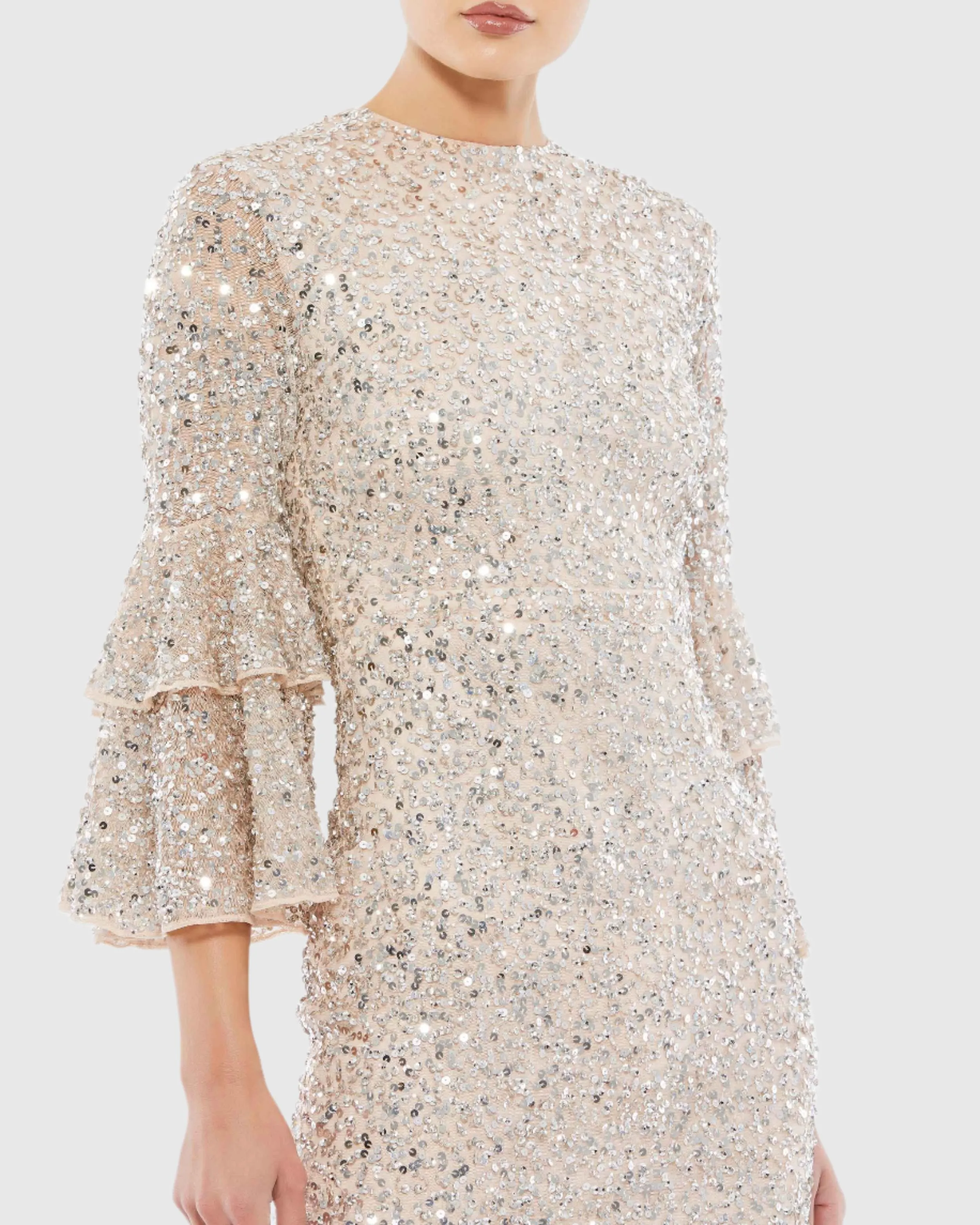 Beige Fully Sequined Ruffle Tiered 3/4 Sleeve Midi Dress