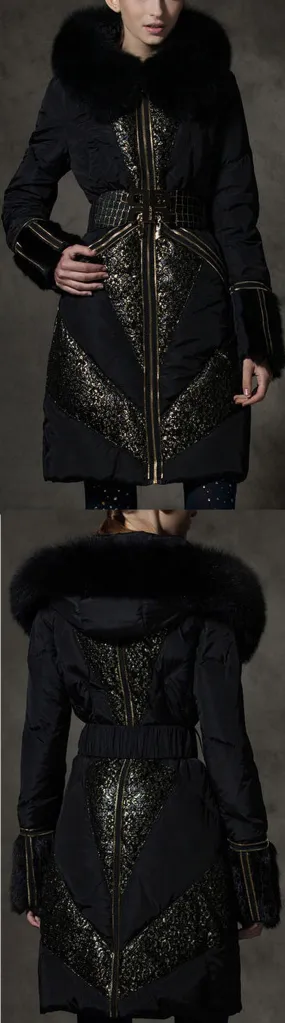 Belted Metallic-Lace-Paneled Puffer Coat with Fox Fur Trim