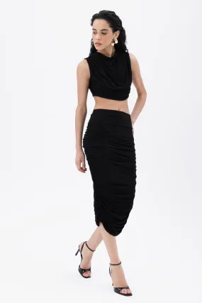 Black Draped Midi Pencil Skirt