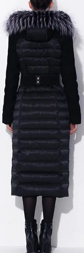 Black Long Fur-Hooded Belted Puffer Coat