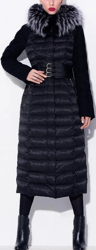 Black Long Fur-Hooded Belted Puffer Coat