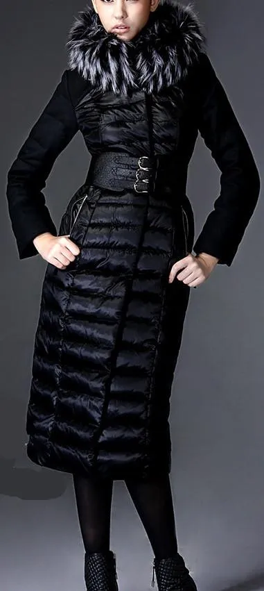 Black Long Fur-Hooded Belted Puffer Coat