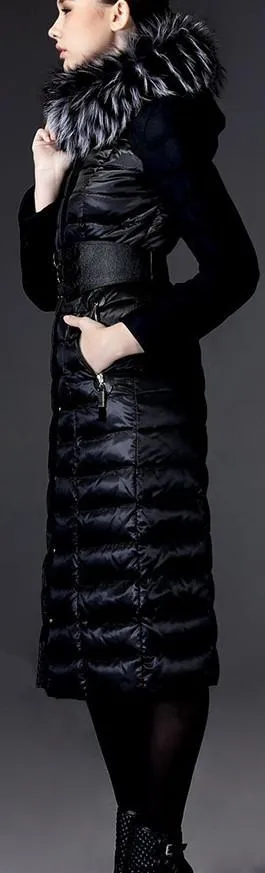 Black Long Fur-Hooded Belted Puffer Coat
