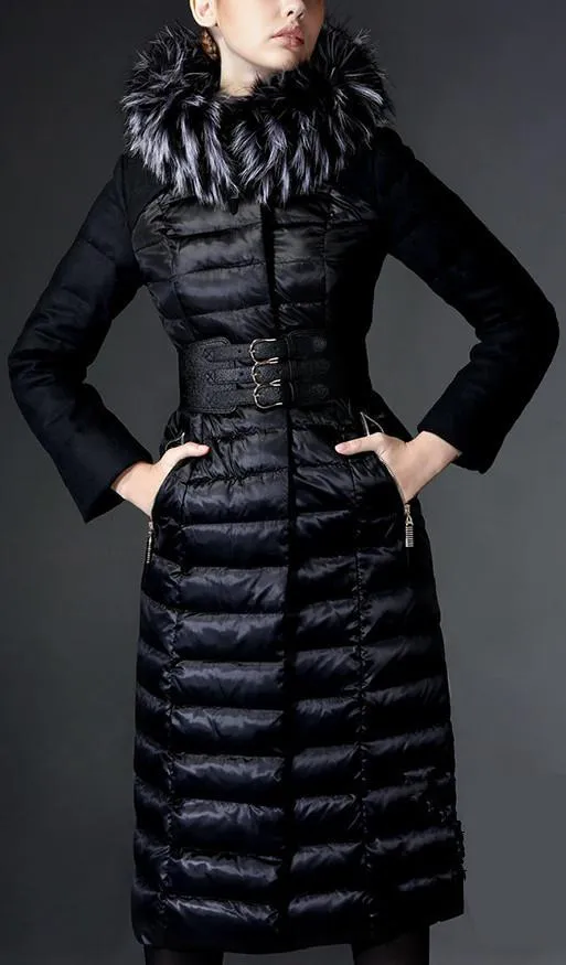 Black Long Fur-Hooded Belted Puffer Coat