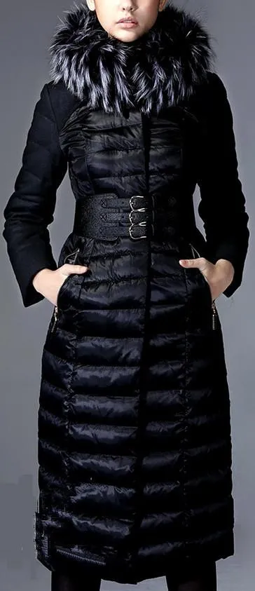 Black Long Fur-Hooded Belted Puffer Coat