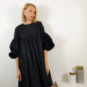 Black Long Sleeve Cotton Phoebe Puff Sleeve Dress w/ Belt