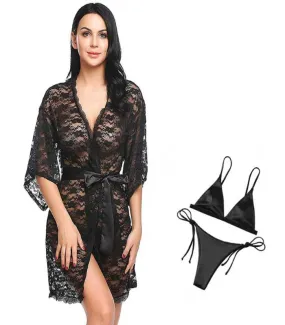 Black Net Robe With Bikini & Panty