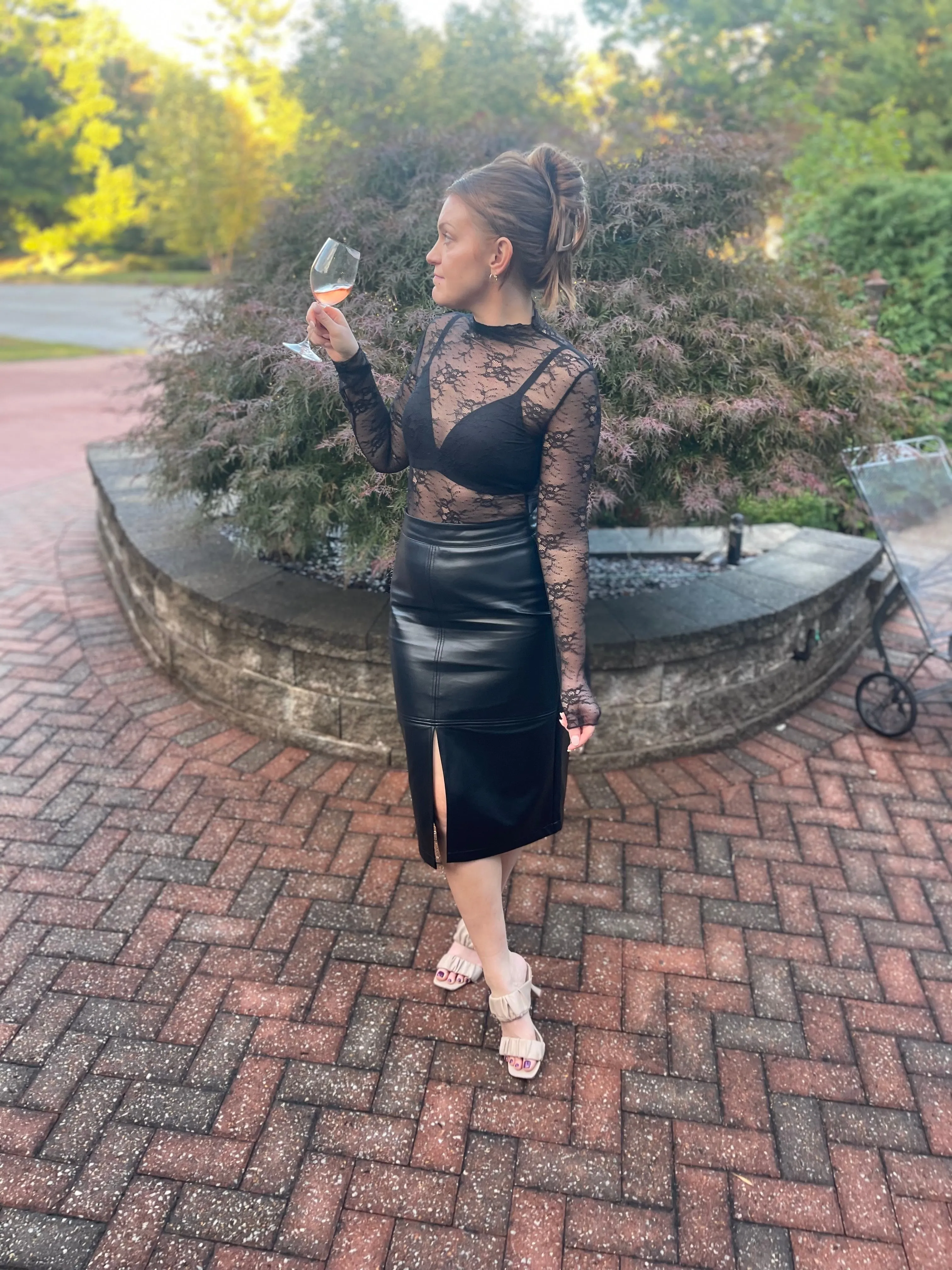 Black Vegan Leather Midi Skirt