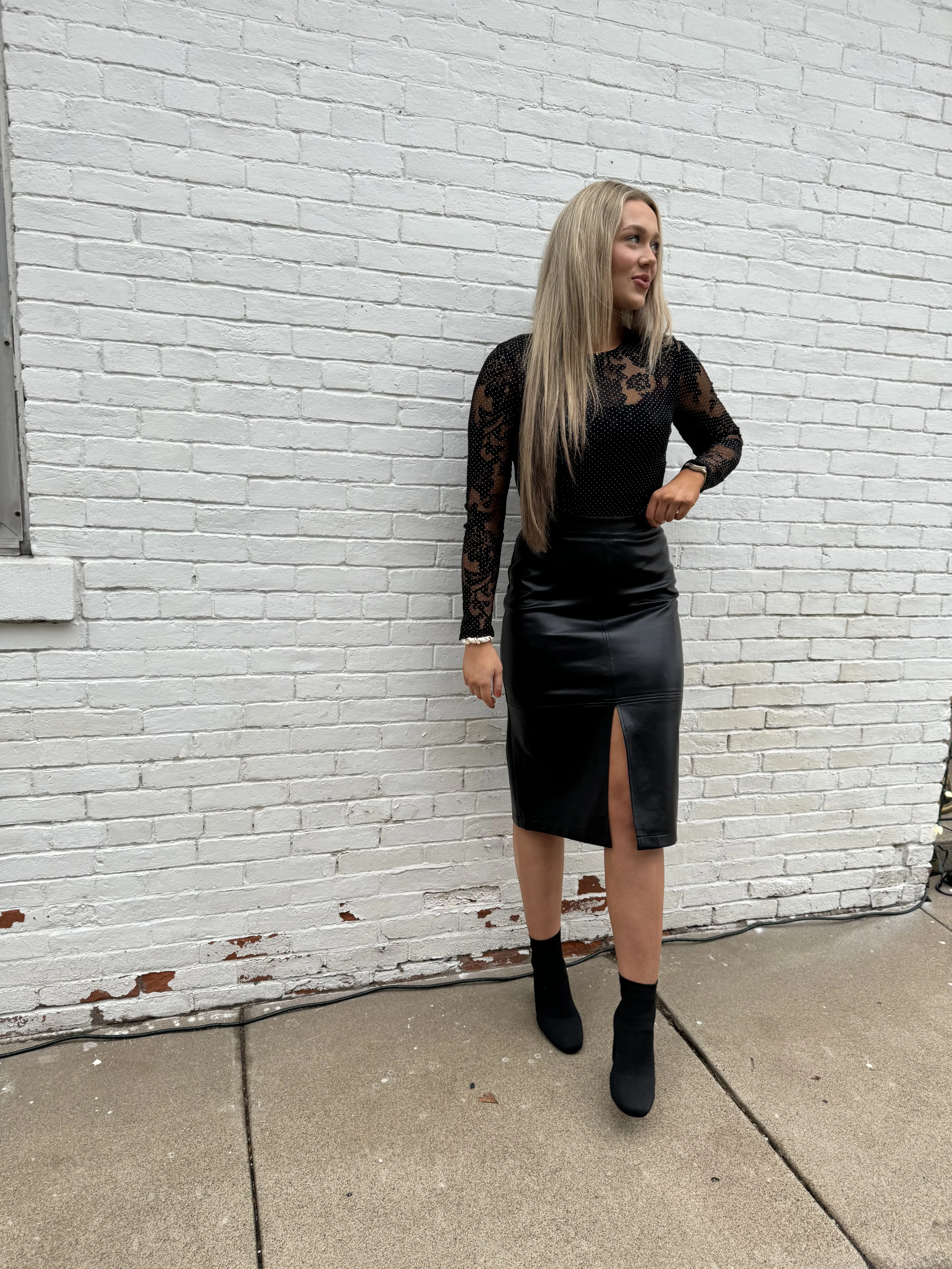 Black Vegan Leather Midi Skirt