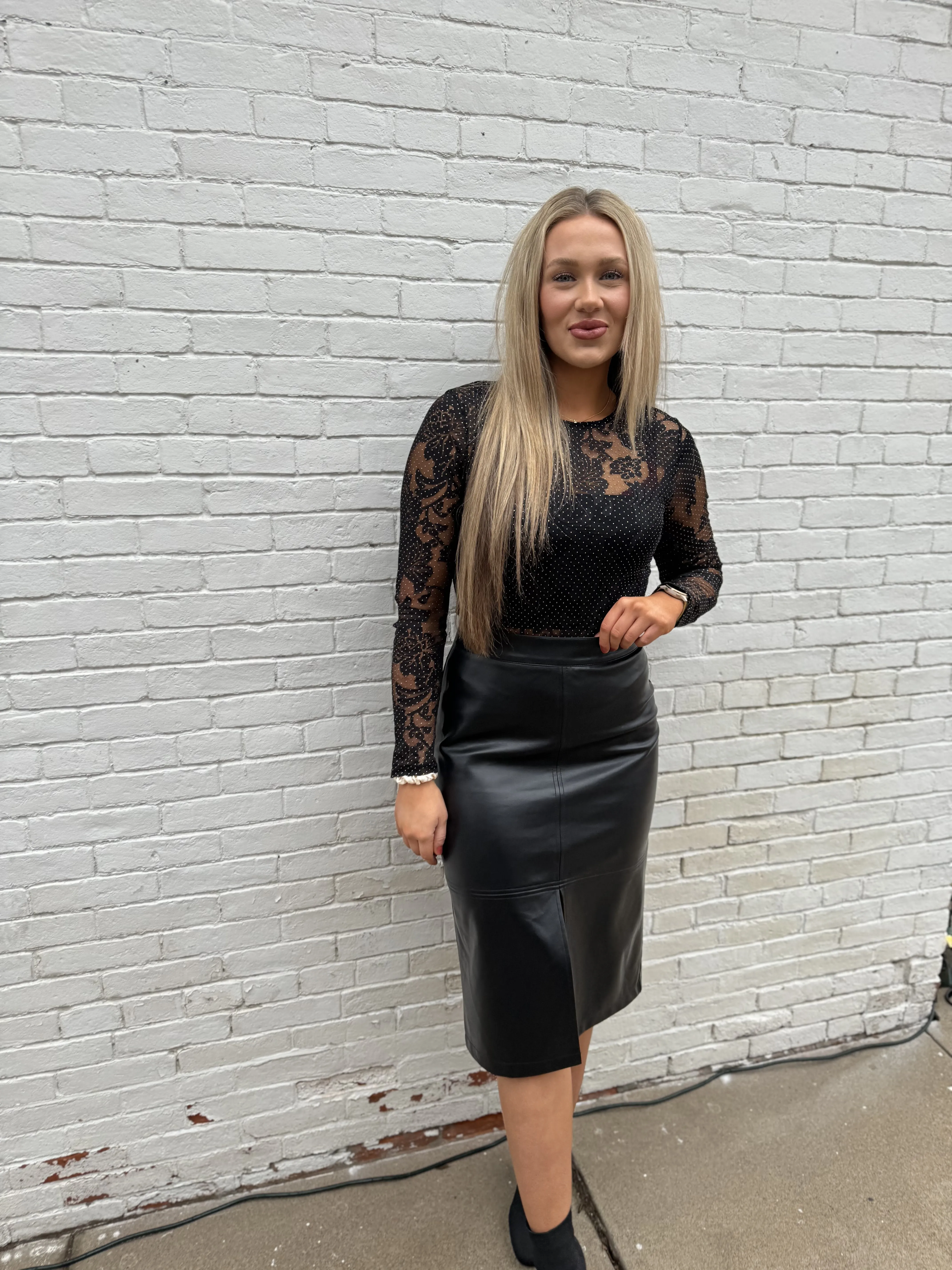 Black Vegan Leather Midi Skirt