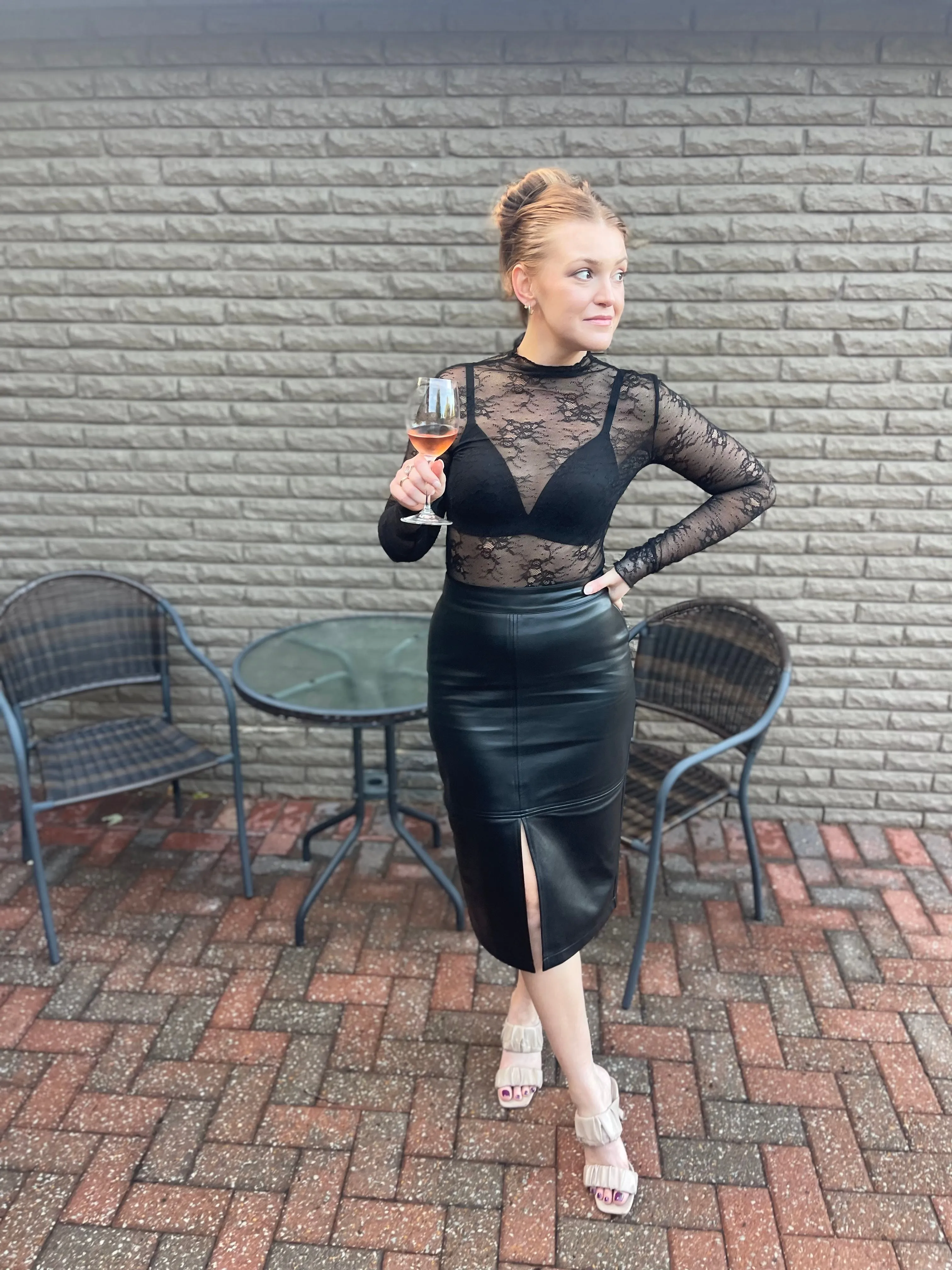 Black Vegan Leather Midi Skirt