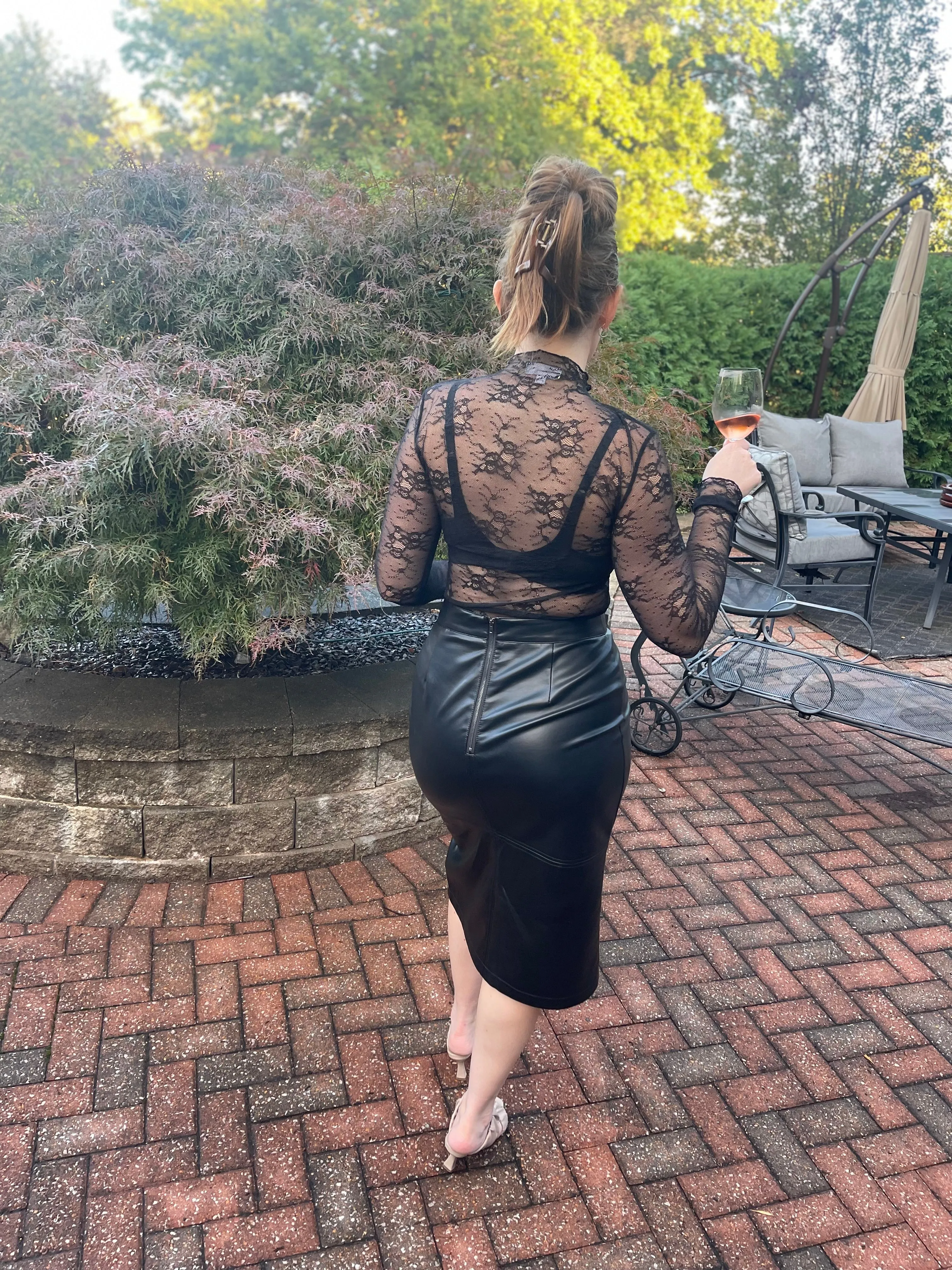 Black Vegan Leather Midi Skirt