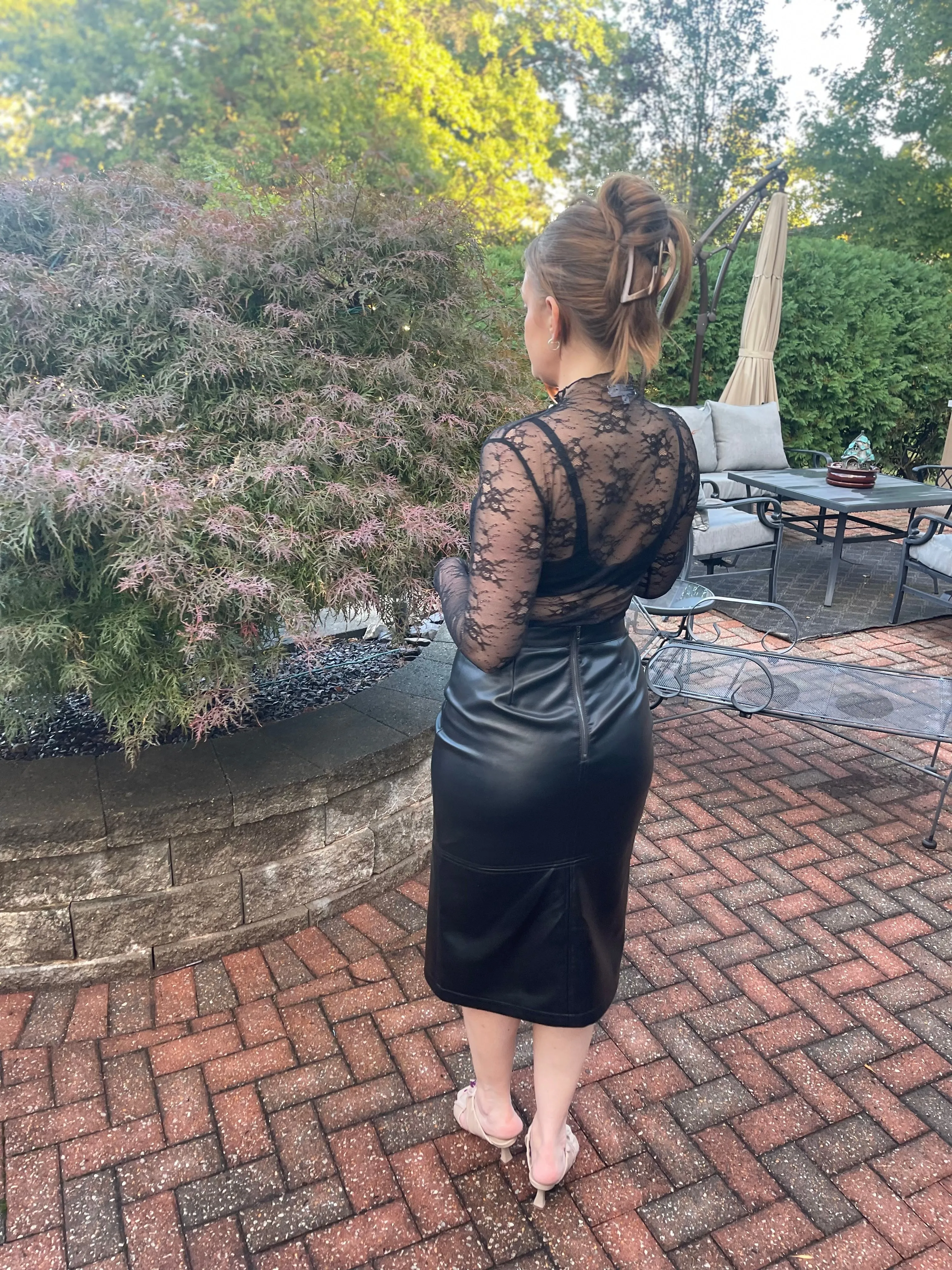 Black Vegan Leather Midi Skirt