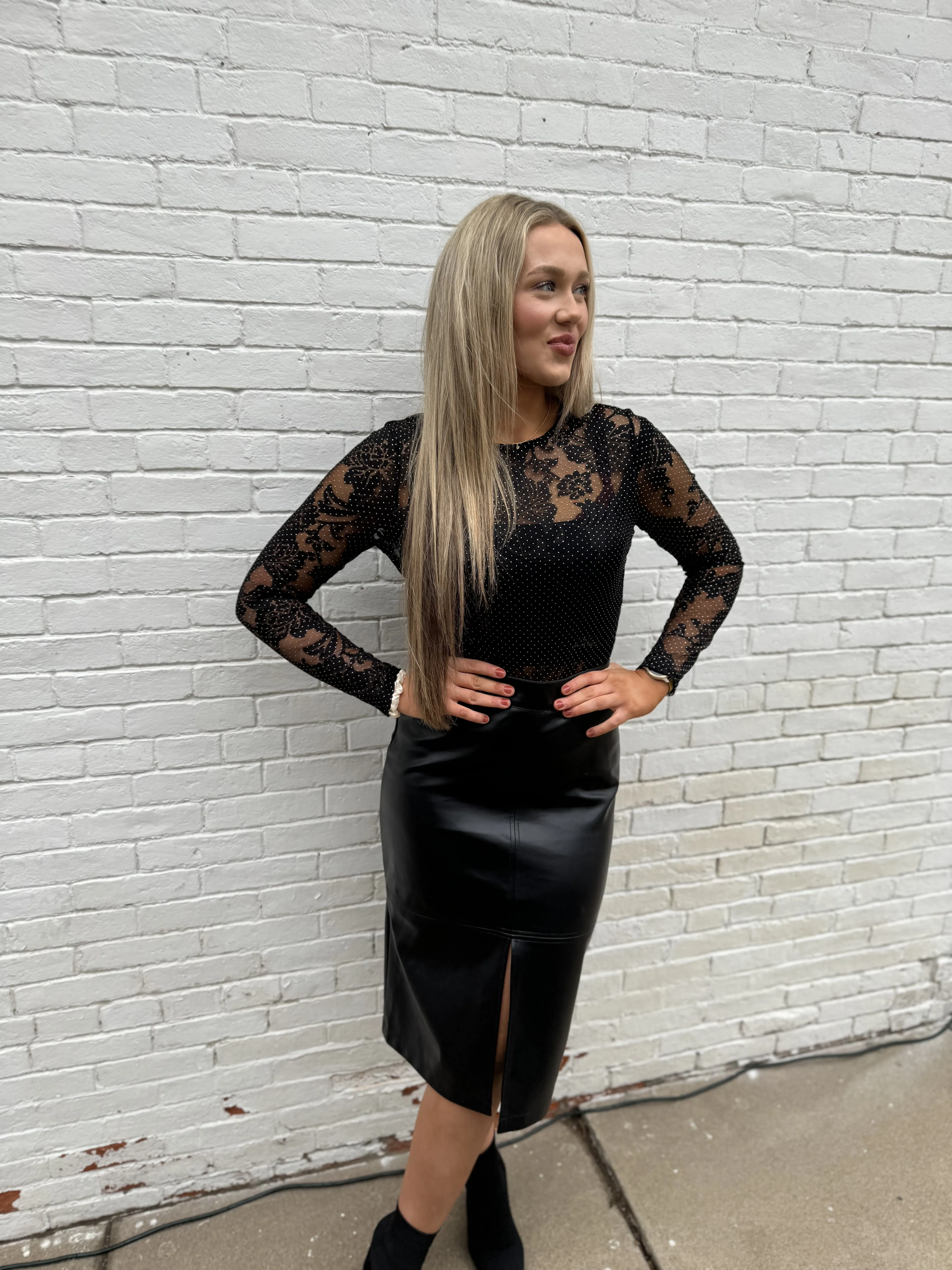 Black Vegan Leather Midi Skirt
